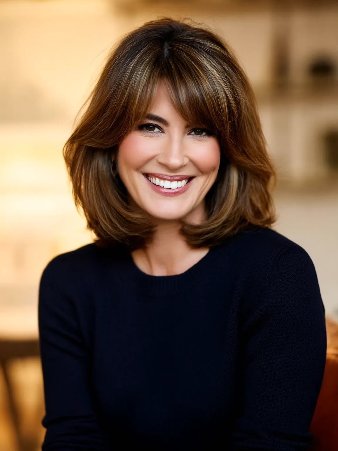 Wavy Layered Bob with Warm Caramel Brown and Honey Highlights